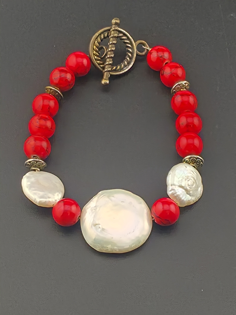 Red Glass Bead Coin Pearl 7" Statement Toggle Bracelet